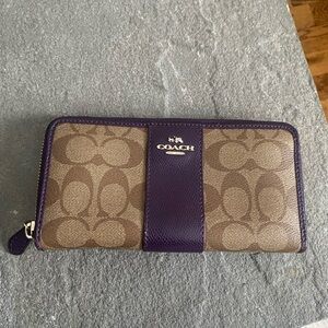 Coach Brown and Purple Canvas Signature Accordion Zip Wallet